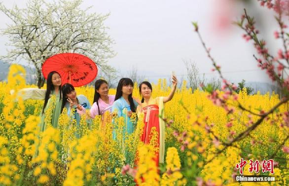 湖南一高校汉服爱好者桃花园中上演“汉服秀”